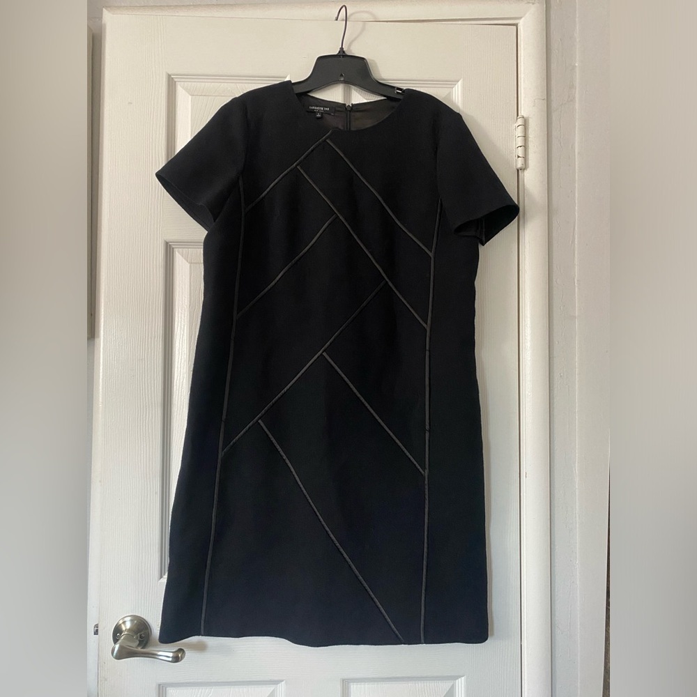 Lafayette 148 New York‎ Black Henora Wool Shift Dress w/ Charmeuse Piping Size L